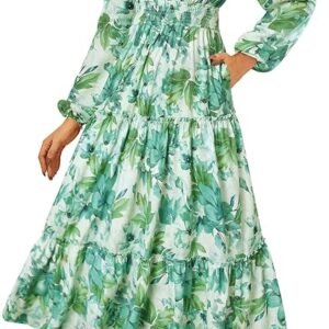 Women Elegant Maxi Dress Long Sleeve V Neck