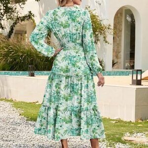 Women Elegant Maxi Dress Long Sleeve V Neck